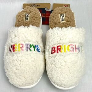 Merry & Bright Slippers Teddy Slide Dearfoams Women's XL 11/12 Rainbow Stitching